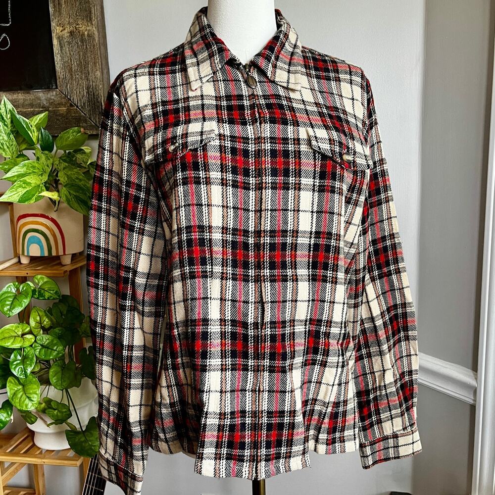 Vintage Y2K Red Black Cream Plaid Zip Front Shacket Size Medium